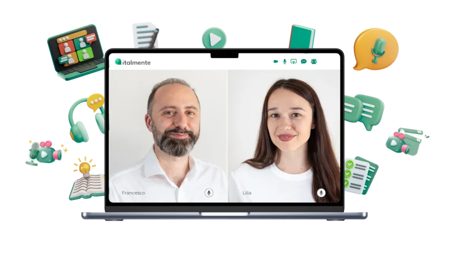 Online Italian lesson on the Italmente platform, with a teacher and a student on a video call
